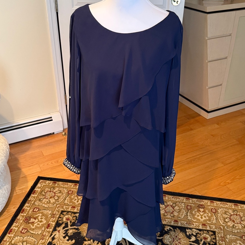SLNY Elegant Navy Blue  Ruffle Dress with Beaded double cold shoulder sleeve
